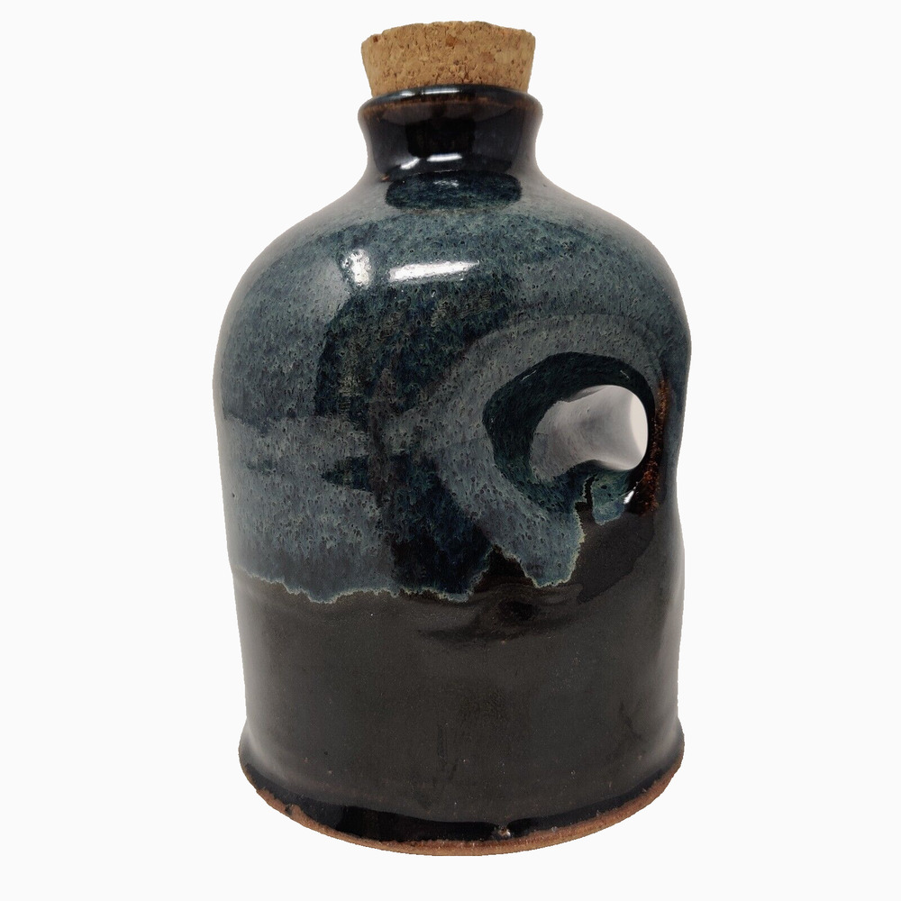 Signed Studio Pottery Jug Corked Handled Blue Moonshine Potion Eclectic 6.5"
